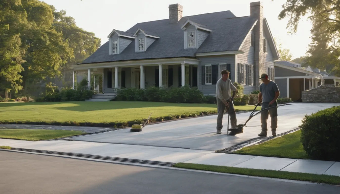 Fresh concrete driveway being finished beside a colonial home in Eagle Harbor