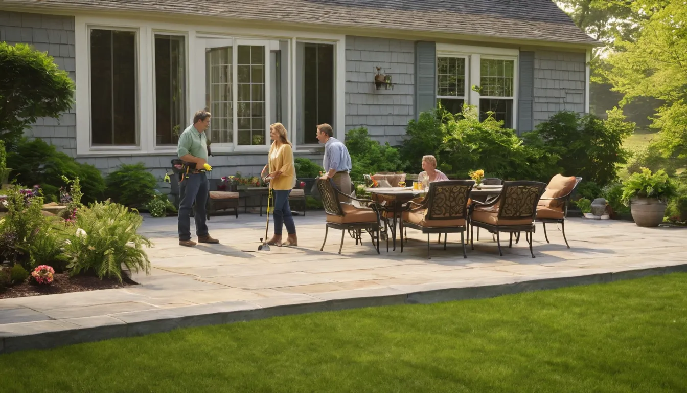 Finished concrete patio with outdoor table and chairs behind a colonial home in the Eagle Harbor area