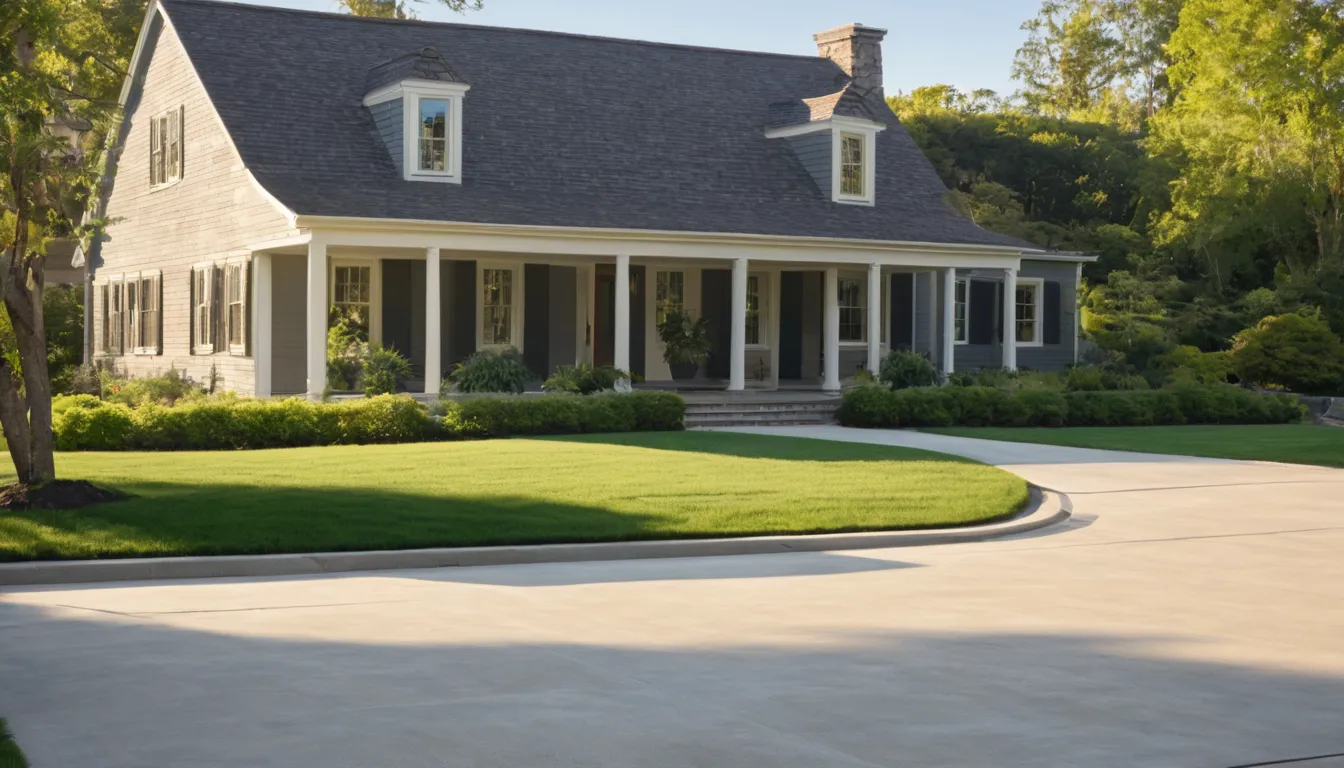A freshly poured concrete driveway beside a colonial home in Eagle Harbor